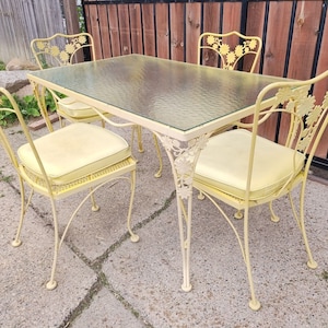 Vtg Woodard Patio Set Daisy Orig Paint Cushions chairs Table Glass MCM