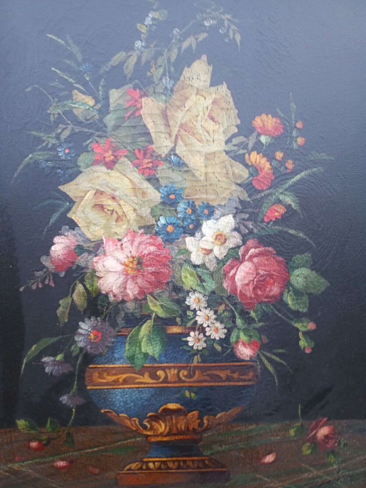 Antique Leather 1920's Floral Urn Fireplace Screen Oil Painting