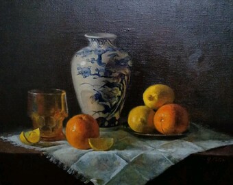 Still life oil painting joan potter ma boston 16x20 lemons blue white vase