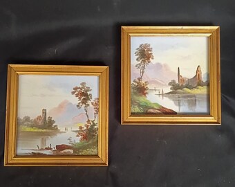 2 scenic victorian castle landscape scottish hand painted tile pair 6" framed