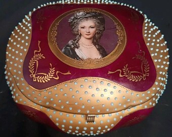 7.5" large antique jeweled porcelain box  casket jewelry french ex cond