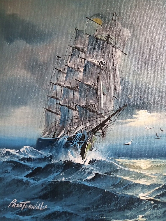 Vtg Preston Willis Oil Painting Tall Ship 8x10