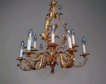 Vtg large 12 light 2 tier hollywood regency italian gilt tole 36" drop 28" dia
