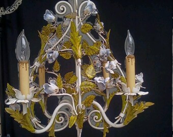 Hollywood regency italian enamel tole porcelain flowers chandelier 20" fixture
