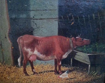 Guernsey cow chicken barn oil  painting english school small great thick frame