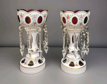 Antique  bohemian mantel lustres cased white cut to cranberry ruby 10" fine cond