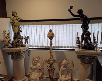 Massive 46" antique hand carved wood pair faux marble column stand for santos