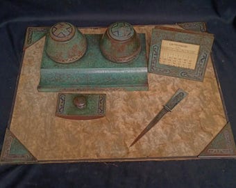 5pc rare silvered bronze silvercrest desk inkwell blotter calender arts crafts