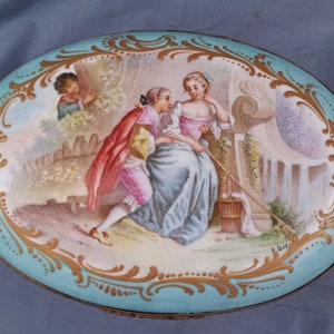 Large Porcelain antique 19th Sevres jewelry casket box courting scene guy  11&quot;