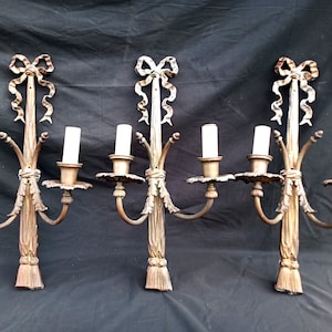 Set Antique bronze pair French Bow Ribbon tassel Wall Sconces Caldwell era 24&quot;