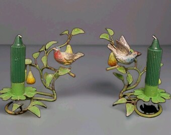 Vtg hollywood regency italian enamel tole bird fruit candelabra candlesticks