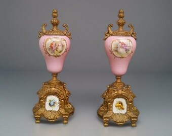 Pair 2 antique french garniture urns pink 10.5" porcelain transfer and h painted