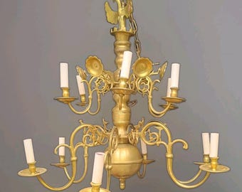 Dutch baroque brass 12 light candle pre electricity chandelier 28x40 19th cent