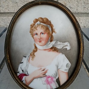 Limoges Antique French porcelain plaque KPM era marked ll 5.5&quot; bronze frame