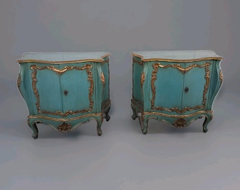 Vtg pair blue itallian french bombe cabinet chest stands venetian side