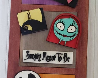 May include: Wooden wall art featuring characters from The Nightmare Before Christmas. Includes images of Jack Skellington, Sally, and Zero. The artwork is mounted on a wooden ladder-shaped frame with a dark red finish.