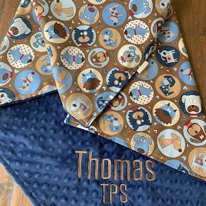 Personalized Baby Boy Blanket, Personalized Baby Boy Shower Gift, Custom Embroidered Lovey Blanket with Dogs, Dog Minky Blanket or Lovey