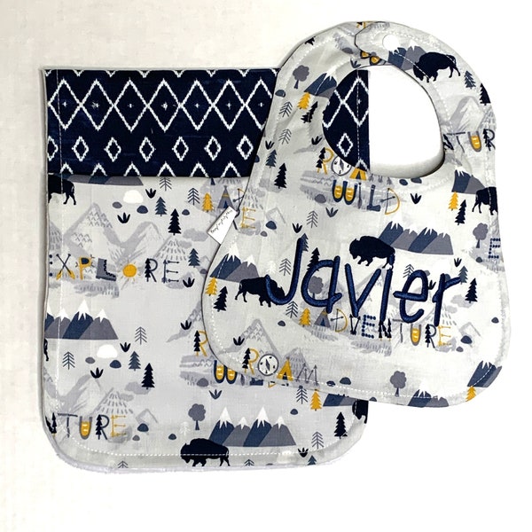 Baby Boy Personalized Bib and Burp Cloths - Baby Shower Gift - Gift for a Baby Boy - Woodland Bibs and Burp Cloths - Boys Drooling Cloths