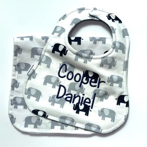 Baby Boy Personalized Bib and Burp Cloths, Customized Baby Boy Shower Gift, Baby Elephant Bib and Burp Cloth Set, Monogram Reversible Bib