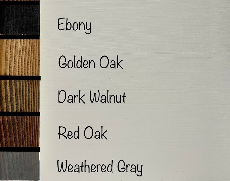May include: Wood stain color samples in five different shades: Ebony, Golden Oak, Dark Walnut, Red Oak, and Weathered Gray.