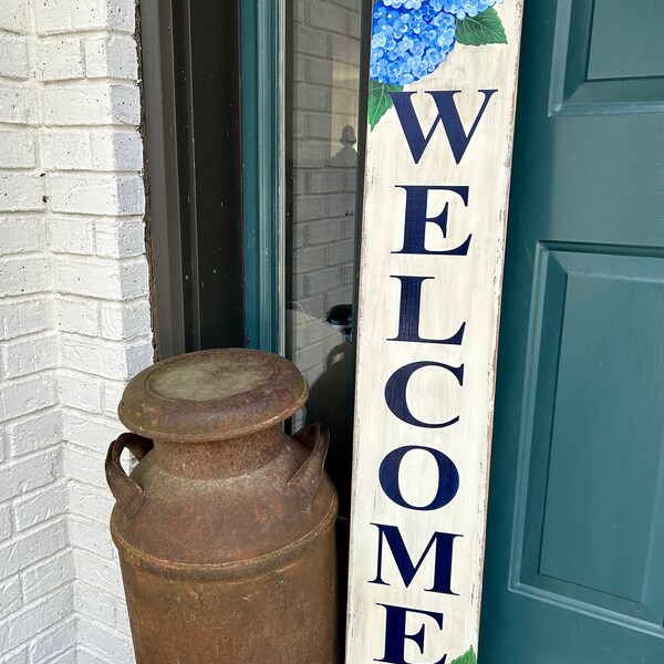Blue hydrangea porch sign Welcome sign, porch decor,, hey y’all, porch leaner, front porch decor, Mother’s Day, gifts for mom, flowers