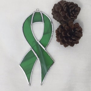 Green Awareness Ribbon Stained Glass Ornament Kidney Cancer Organ Donation Leukemia Mental Health 3 sizes image 2