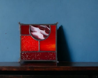 Small Red Abstract Square Stained Glass | 5" x 5" - Gifted Boxed