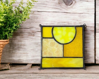 Small Yellow Square Abstract Stained Glass | 5" x 5" - Gifted Boxed