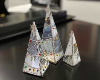 Glass Christmas Tree Tea-Light Stand – 3D Candle Holder, Green or White, Sizes 5 7 9 inches