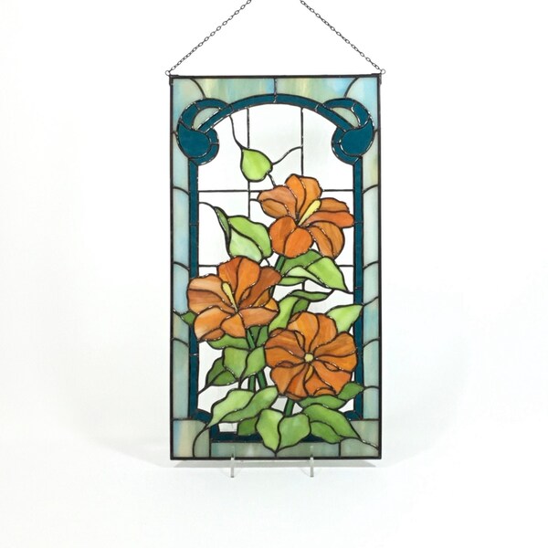 Stained Glass Orange Hibiscus with Blue Frame Suncatcher Window Decoration