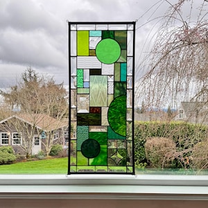Handcrafted Abstract Stained Glass Suncatcher | Green Clear with Gold accents | 10.5&quot; x 24&quot;