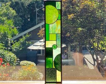 FREE SHIPPING Green Color Block Abstract Stained Glass Suncatcher Window Display 5" x 24"