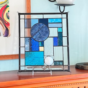 Modern Blue Stained Glass Window | 10.5” x 12.5” | Abstract Wall Art