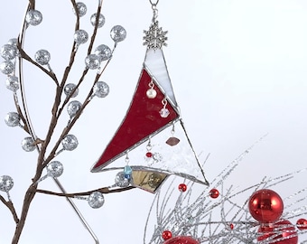 Handmade Stained Glass Christmas Tree Ornament | Gift Boxed | Red White and Green