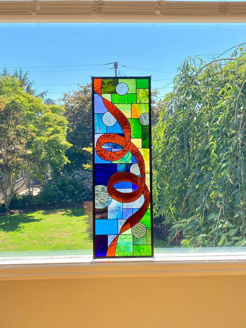 Abstract Stained Glass Window Blue Green Orange 12 X 36 One Etsy