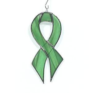 Green Awareness Ribbon Stained Glass Ornament Kidney Cancer Organ Donation Leukemia Mental Health 3 sizes image 1