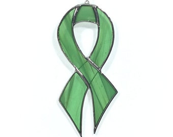 Green Awareness Ribbon Stained Glass Ornament - Kidney Cancer Organ Donation Leukemia Mental Health- 3 sizes