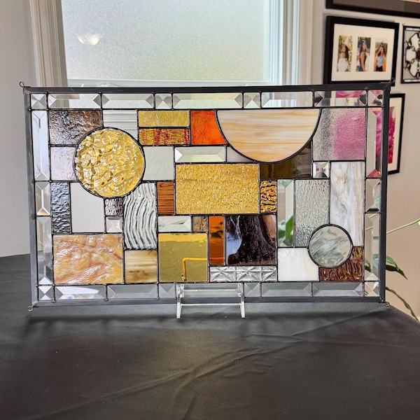 Geometric Stained Glass Window Panel: Amber, Brown, Beveled Border (12.5 x 20.5 inches)
