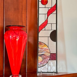 Red and Clear Abstract Stained Glass Panel Side-Light Window Abstract design, 6 x 24, Handcrafted image 2