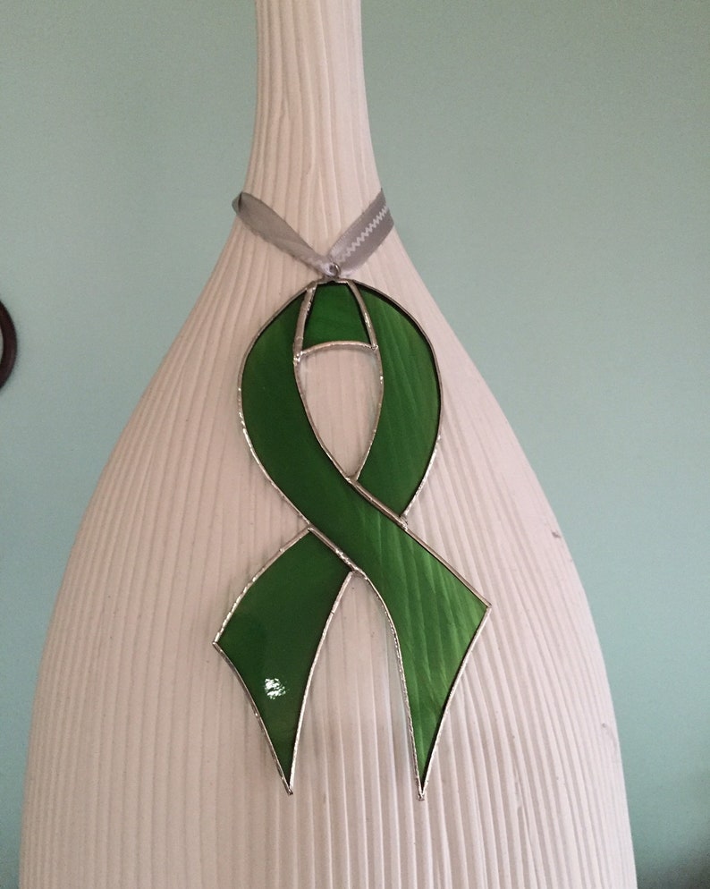 Green Awareness Ribbon Stained Glass Ornament Kidney Cancer Organ Donation Leukemia Mental Health 3 sizes image 3