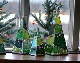 3D Stained Glass Tree Candle Holder – Green or White, Tea-Light, Multiple Sizes - Handcrafted