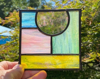 Handcrafted Iridescent Stained Glass Panel: Abstract Window Art (5 x 5 inches)