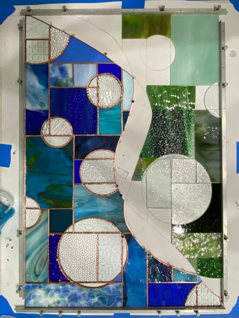 Abstract Stained Glass Window Blue Green Orange 16.5 X 25 Etsy