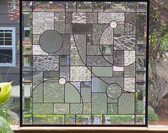 Abstract Large Stained Glass Privacy Window Clear Textured & Beveled Glass - 24" x 24" Home Decoration Interior Design Gift Idea