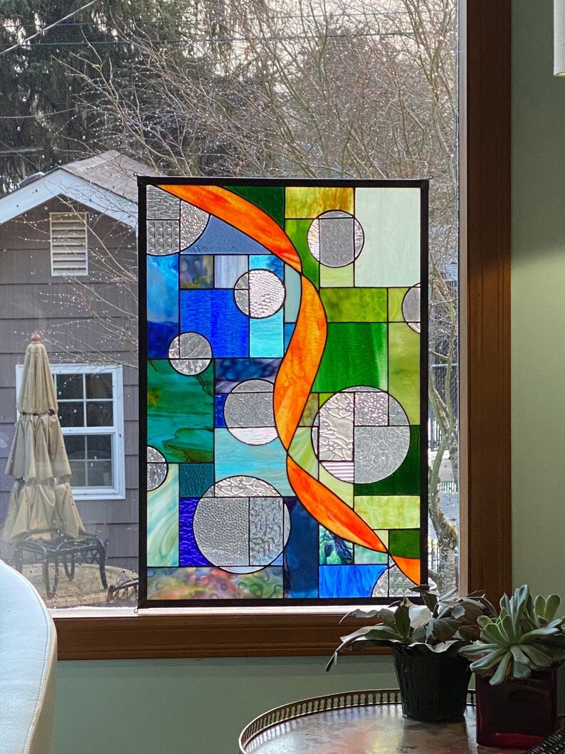 Abstract Stained Glass Window Blue Green Orange 16.5 X 25 Etsy