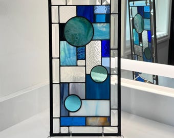 Abstract Blue Stained Glass Panel 8.5 x 16.5 inches Handcrafted, One of a Kind