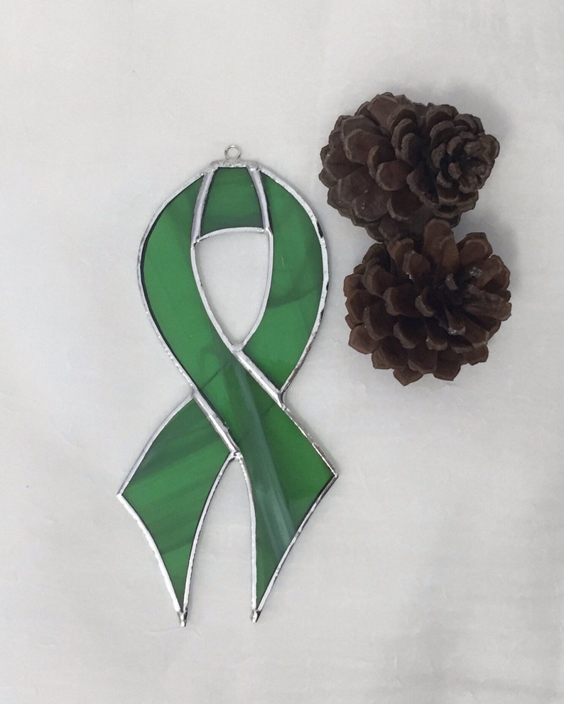 Green Awareness Ribbon Stained Glass Ornament Kidney Cancer Organ Donation Leukemia Mental Health 3 sizes image 2