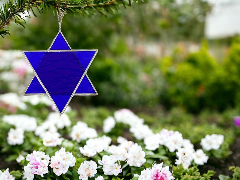 May include: A blue glass Star of David ornament hanging from a pine tree branch. The ornament is surrounded by a blurred background of green foliage and white flowers.