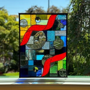 Handcrafted Stained Glass Panel 18x24 - Abstract Design in Yellow, Blue, Green & Red