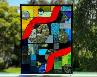 Large Unique Stained Glass Panel 18 x 24 inches - Abstract Design in Yellow, Blue, Green & Red